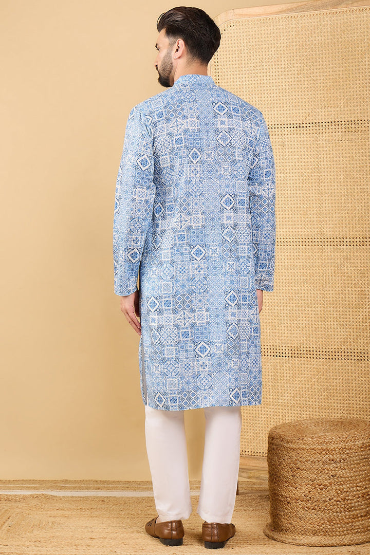 Mens Blue Viscose Rayon Geometric Embroidered Straight Chikankari Kurta