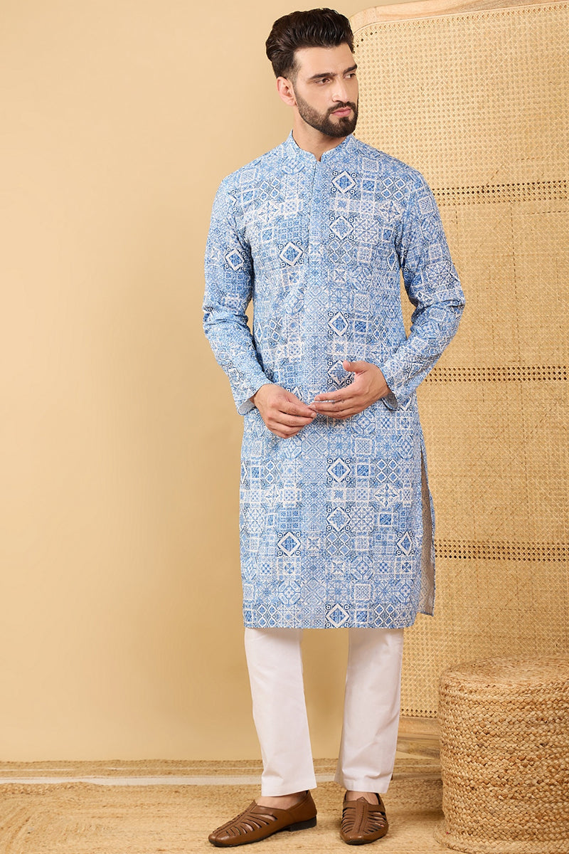 Mens Blue Viscose Rayon Geometric Embroidered Straight Chikankari Kurta