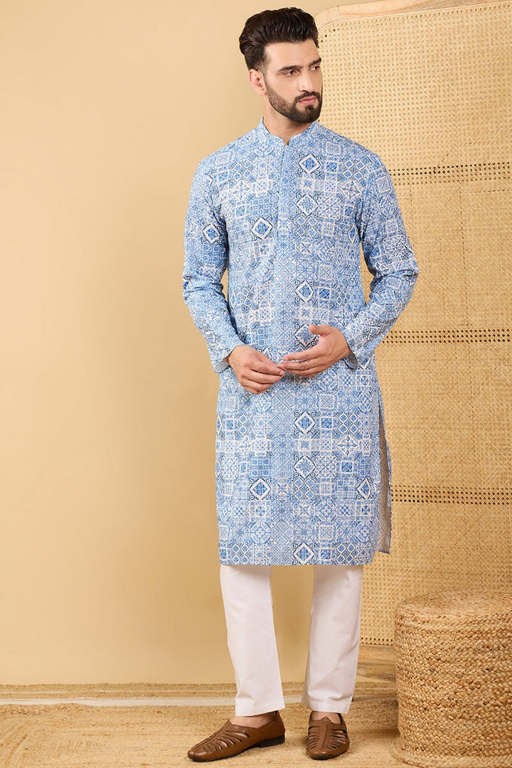 Mens Blue Viscose Rayon Geometric Embroidered Straight Chikankari Kurta