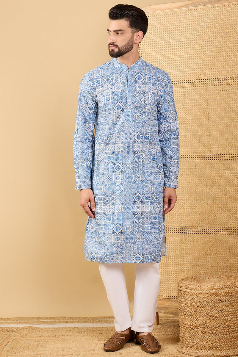 Mens Blue Viscose Rayon Geometric Embroidered Straight Chikankari Kurta