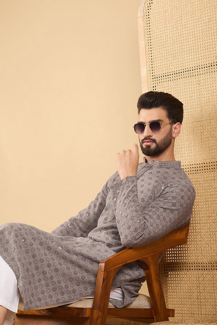 Mens Grey Viscose Rayon Solid Embroidered Straight Kurta with Trouser