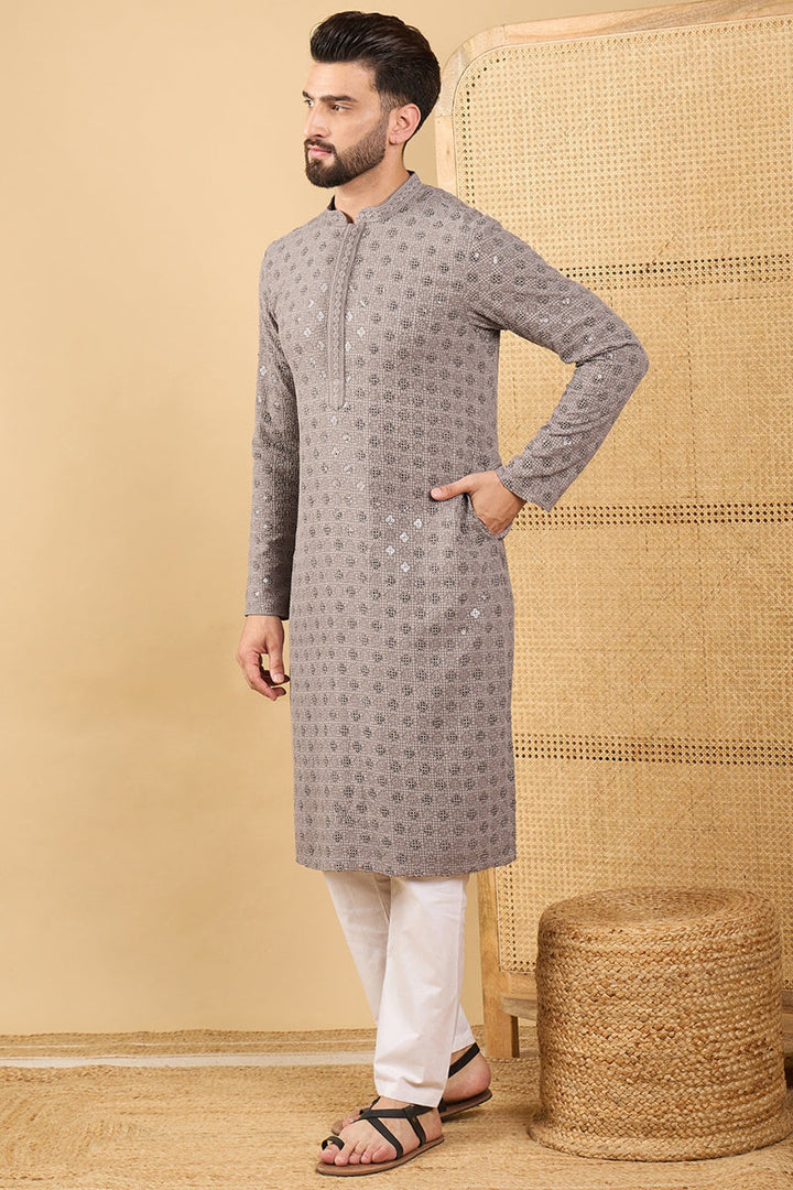 Mens Grey Viscose Rayon Solid Embroidered Straight Chikankari Kurta