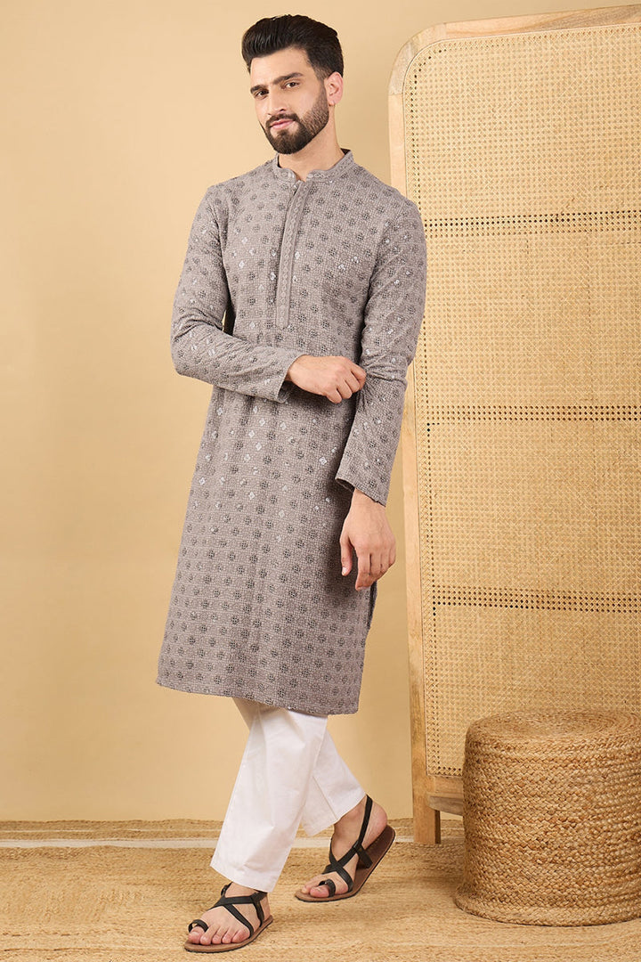 Mens Grey Viscose Rayon Solid Embroidered Straight Kurta with Trouser
