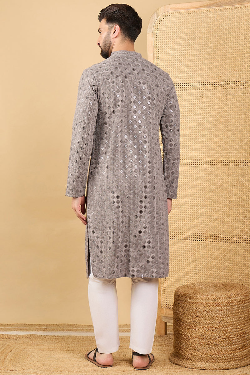 Mens Grey Viscose Rayon Solid Embroidered Straight Kurta with Trouser