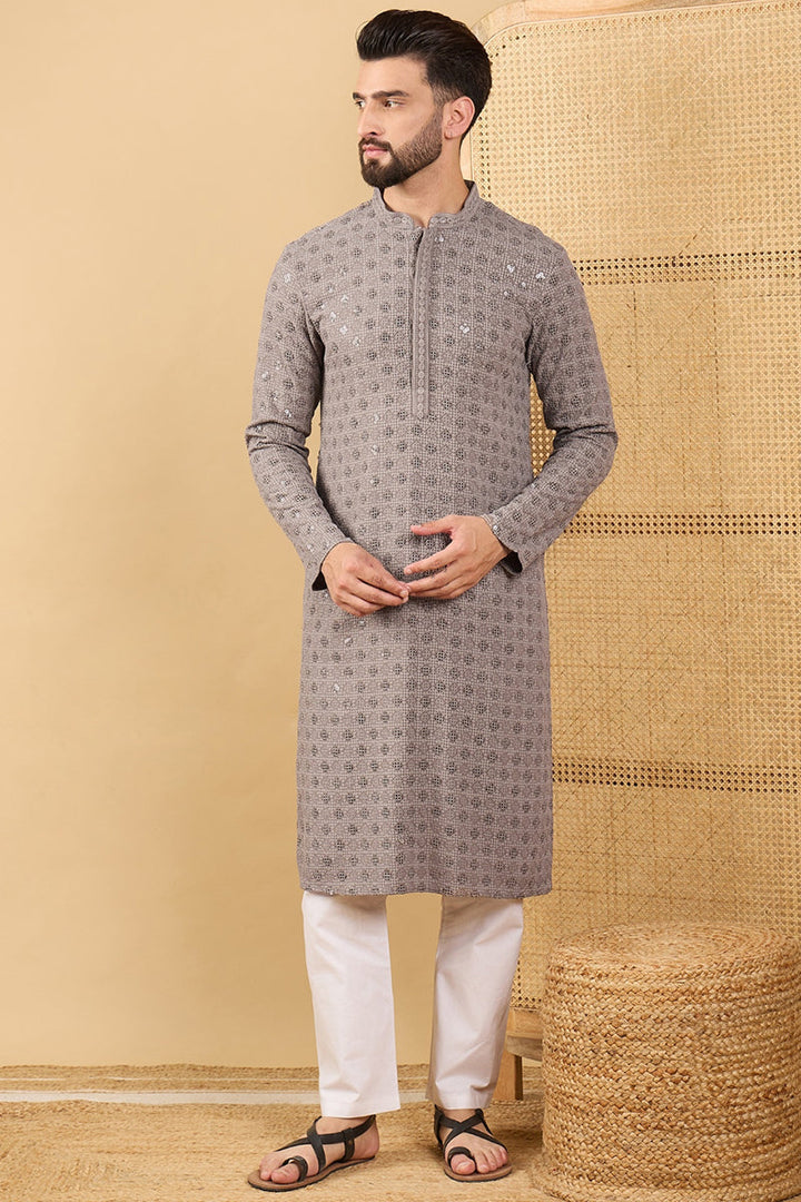 Mens Grey Viscose Rayon Solid Embroidered Straight Chikankari Kurta