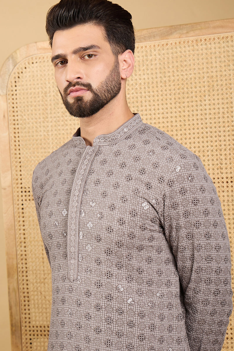 Mens Grey Viscose Rayon Solid Embroidered Straight Kurta with Trouser