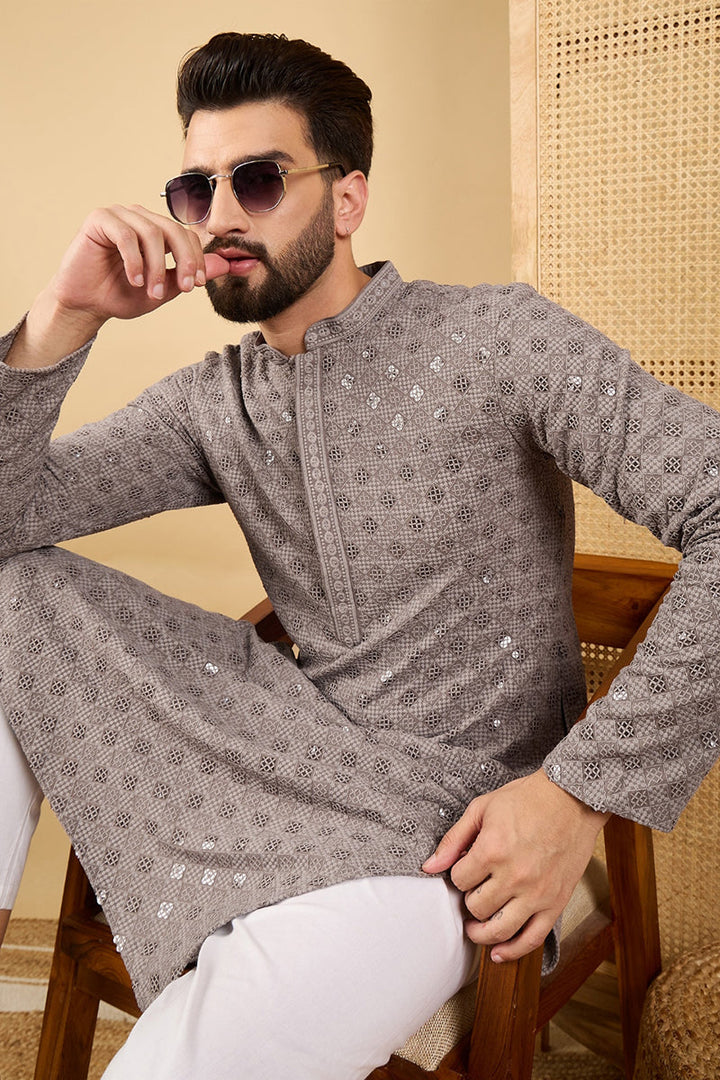 Mens Grey Viscose Rayon Solid Embroidered Straight Kurta with Trouser