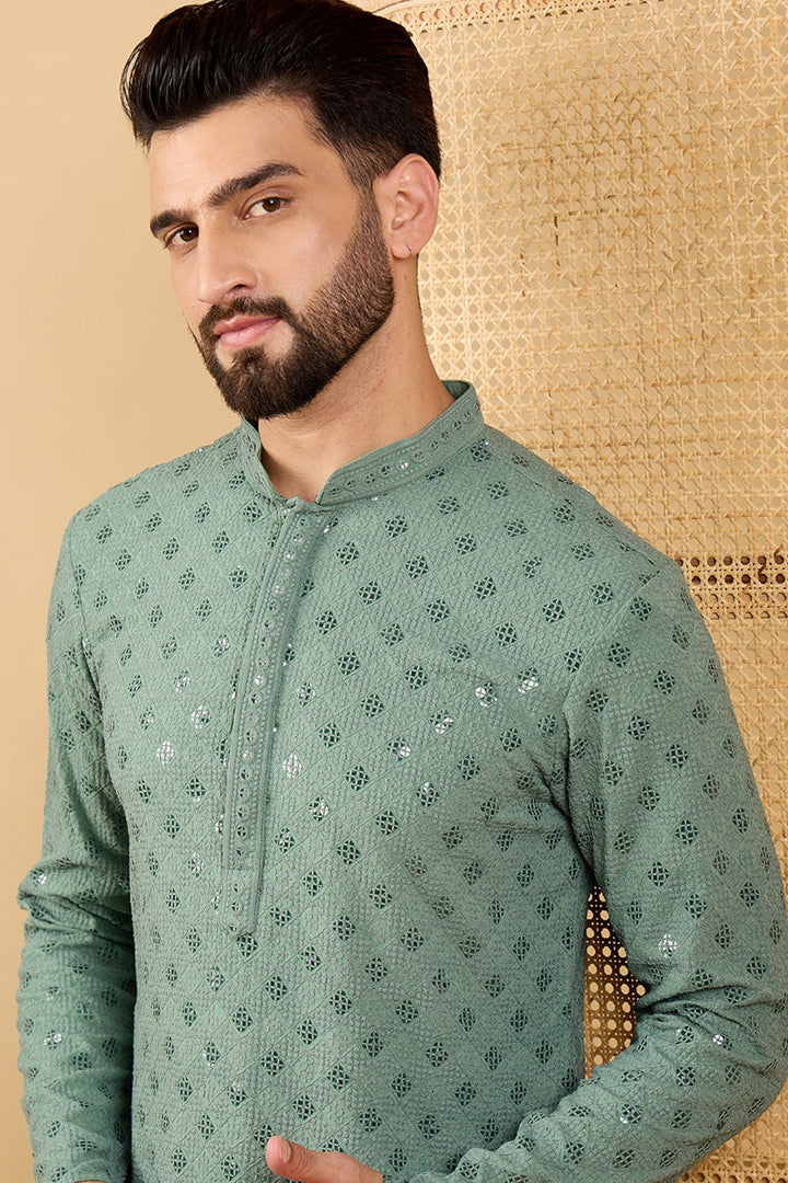 Mens Green Viscose Rayon Solid Embroidered Straight Chikankari Kurta