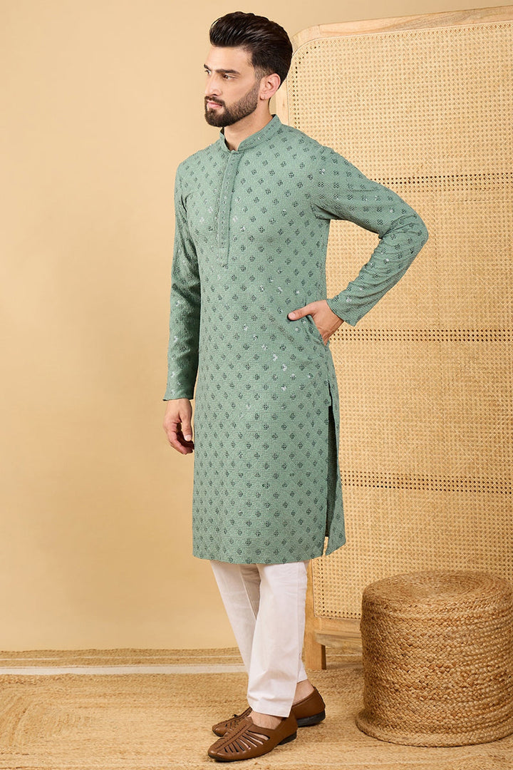Mens Green Viscose Rayon Solid Embroidered Straight Chikankari Kurta