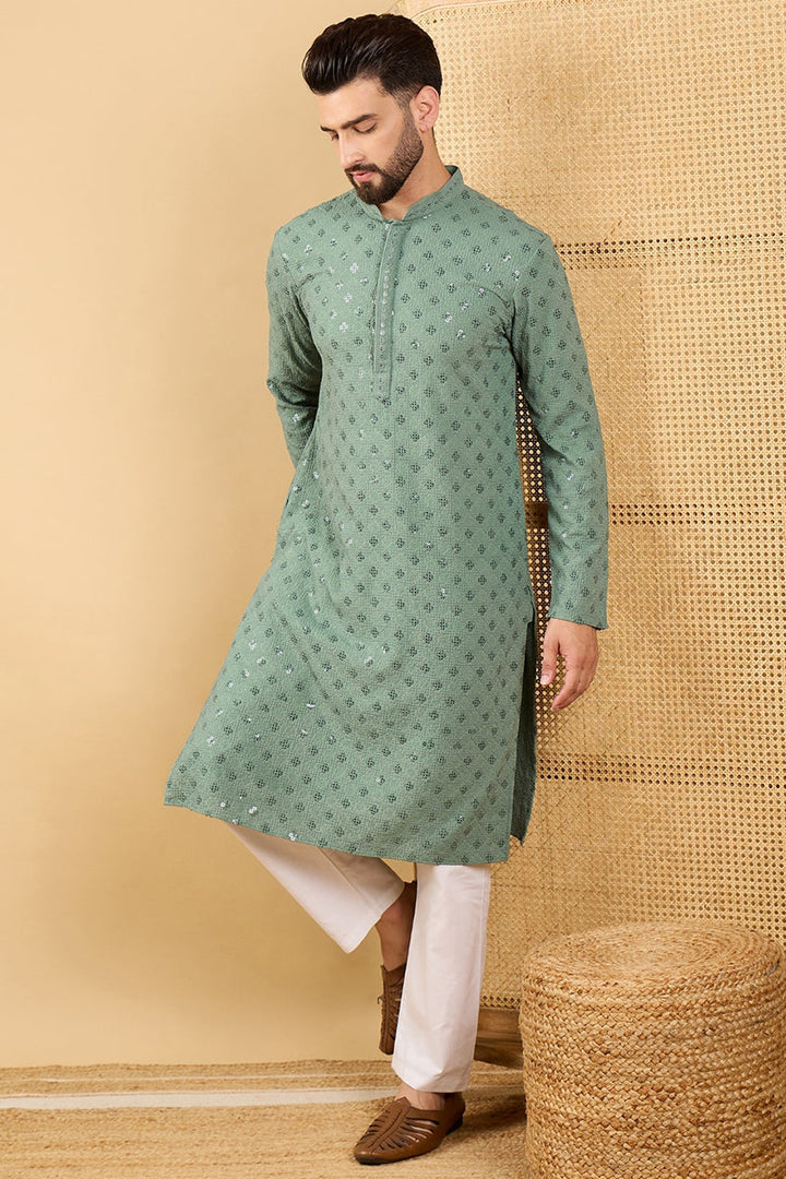 Mens Green Viscose Rayon Solid Embroidered Straight Chikankari Kurta