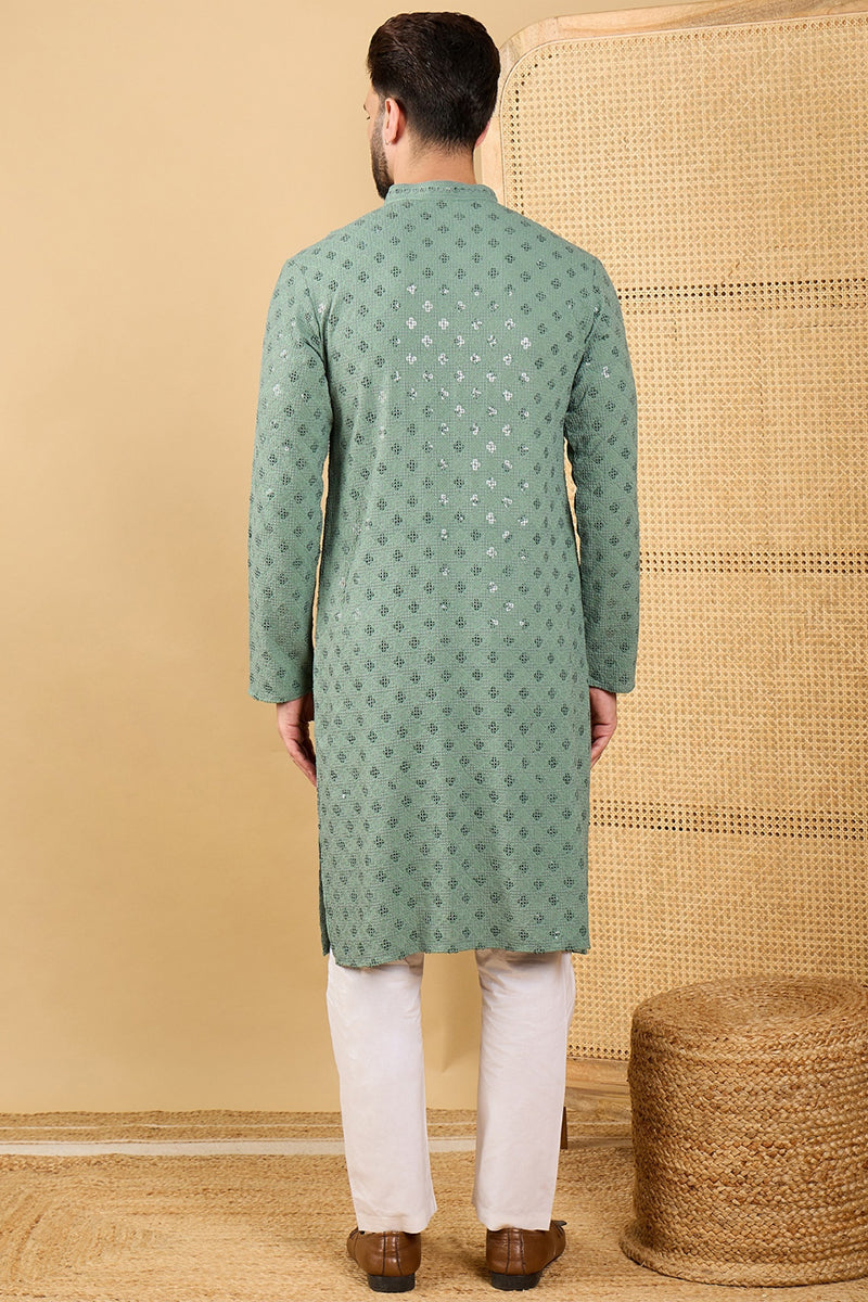 Mens Green Viscose Rayon Solid Embroidered Straight Chikankari Kurta