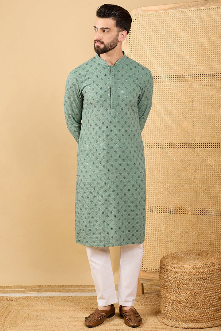 Mens Green Viscose Rayon Solid Embroidered Straight Chikankari Kurta