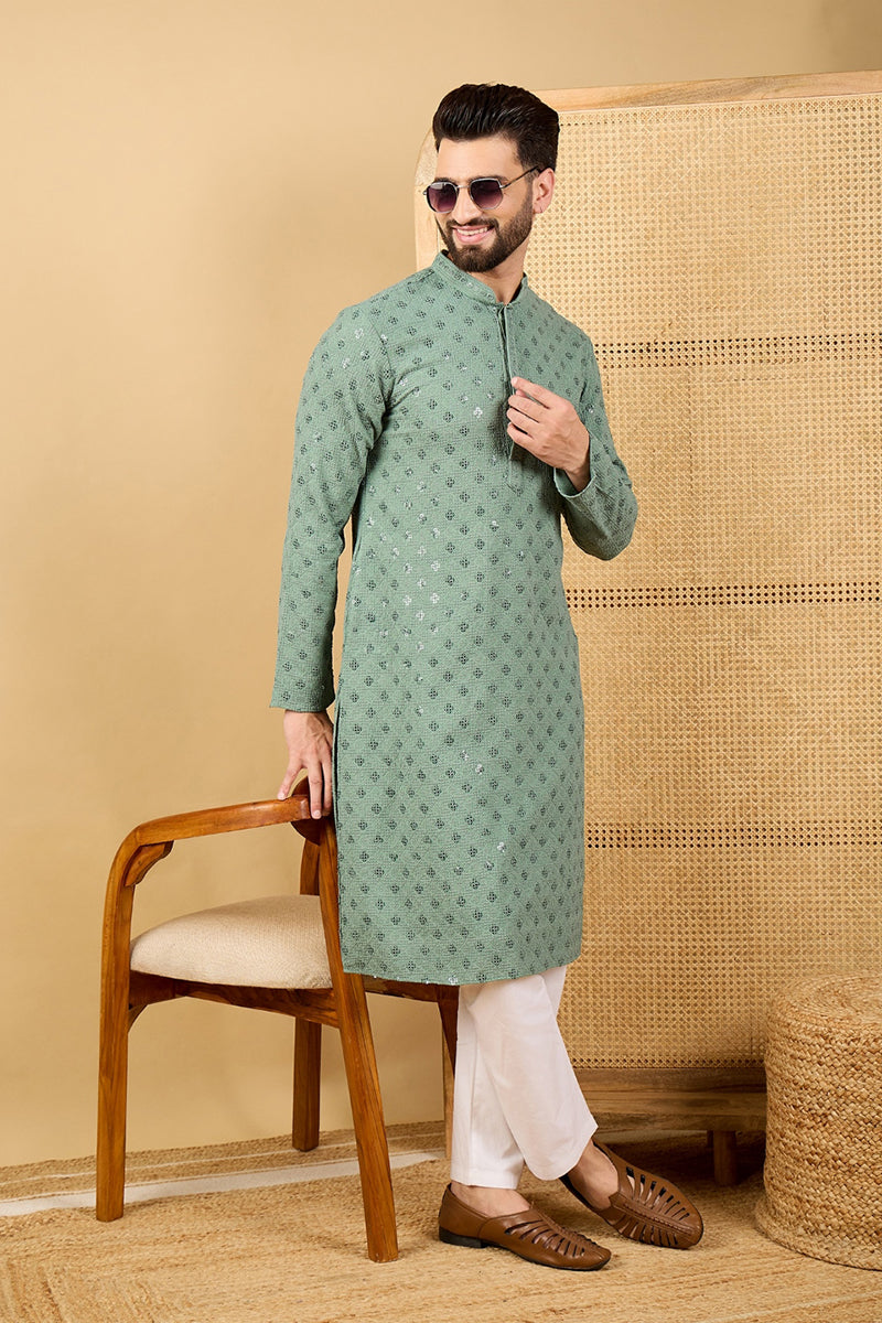 Mens Green Viscose Rayon Solid Embroidered Straight Chikankari Kurta