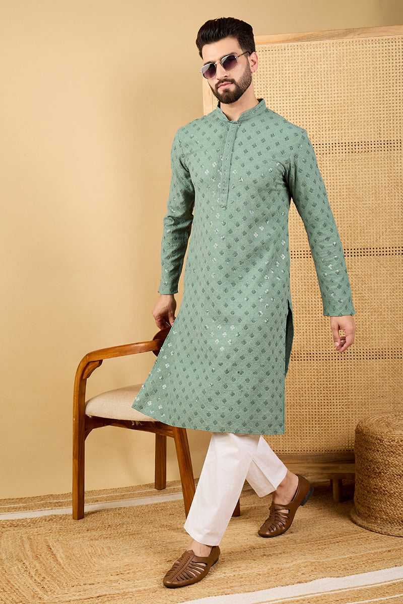 Mens Green Viscose Rayon Solid Embroidered Straight Chikankari Kurta