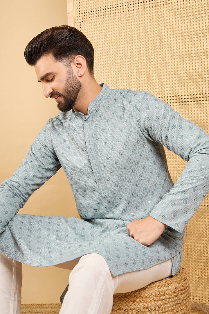 Mens Grey Viscose Rayon Solid Embroidered Straight Chikankari Kurta