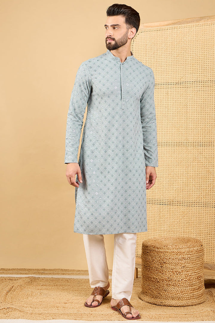 Mens Grey Viscose Rayon Solid Embroidered Straight Chikankari Kurta