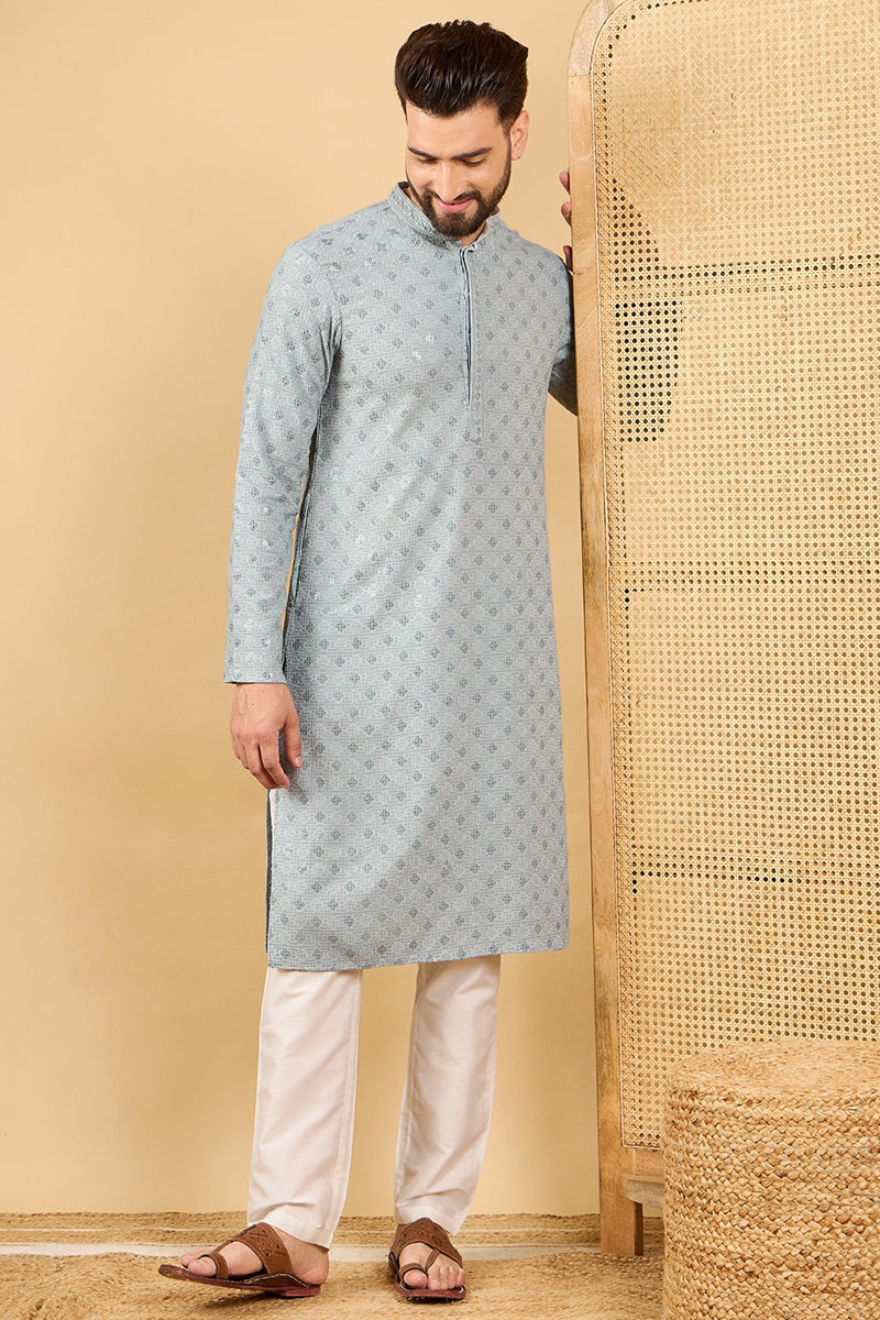 Mens Grey Viscose Rayon Solid Embroidered Straight Chikankari Kurta