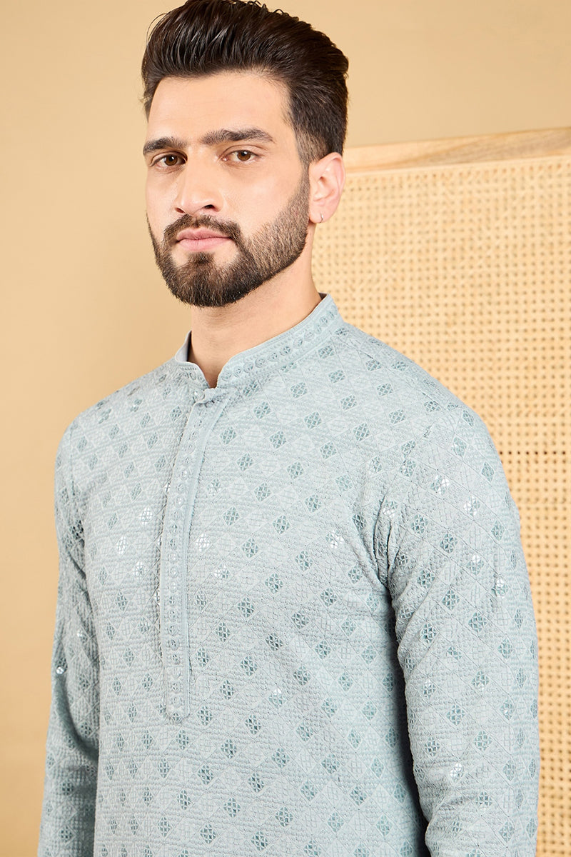 Mens Grey Viscose Rayon Solid Embroidered Straight Chikankari Kurta