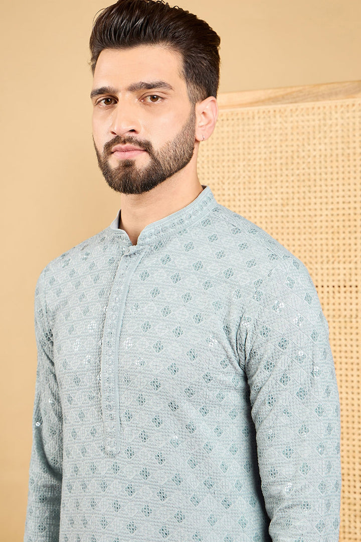 Mens Grey Viscose Rayon Solid Embroidered Straight Chikankari Kurta