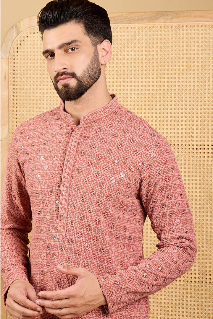 Mens Rust Red Viscose Rayon Solid Embroidered Straight Chikankari Kurta