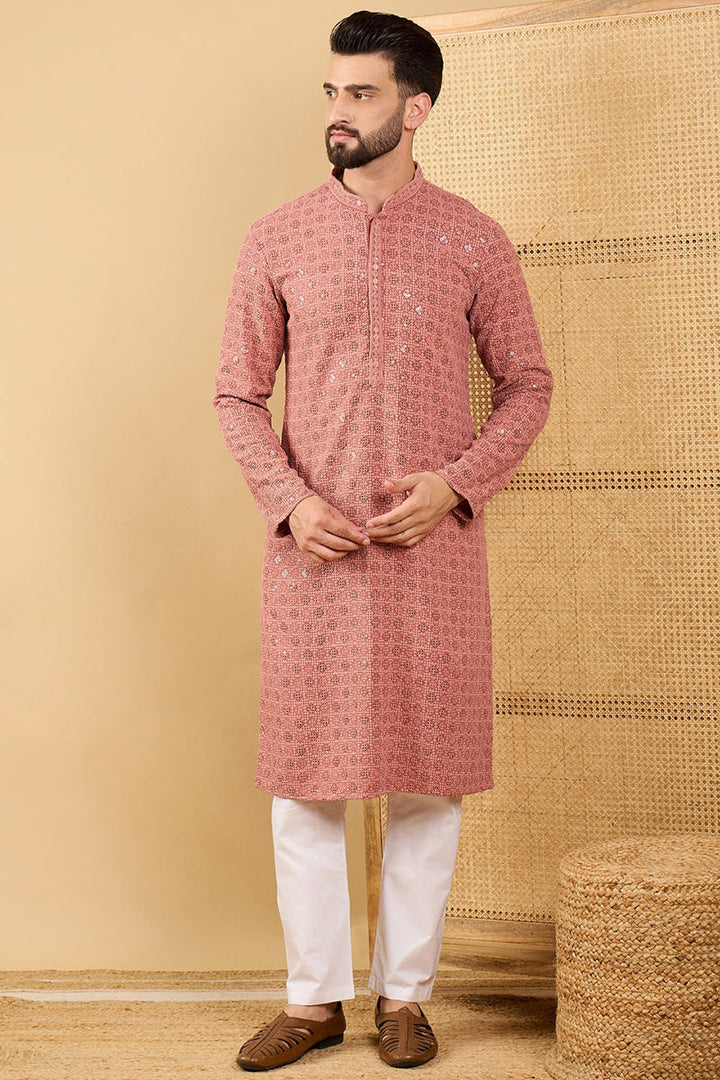 Mens Rust Red Viscose Rayon Solid Embroidered Straight Chikankari Kurta