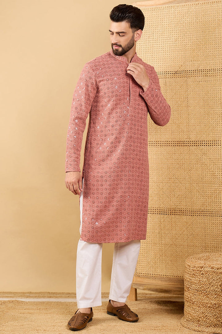 Mens Rust Red Viscose Rayon Solid Embroidered Straight Chikankari Kurta