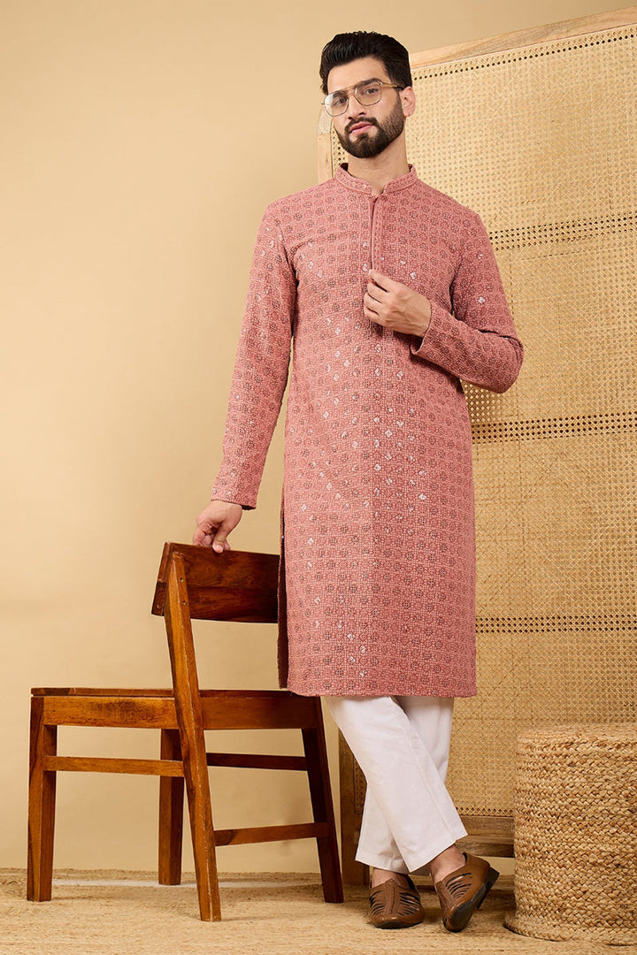 Mens Rust Red Viscose Rayon Solid Embroidered Straight Chikankari Kurta