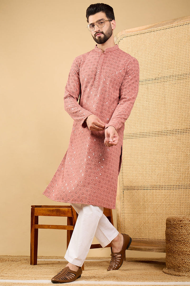 Mens Rust Red Viscose Rayon Solid Embroidered Straight Chikankari Kurta