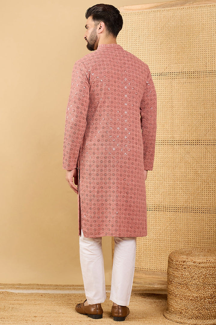 Mens Rust Red Viscose Rayon Solid Embroidered Straight Chikankari Kurta