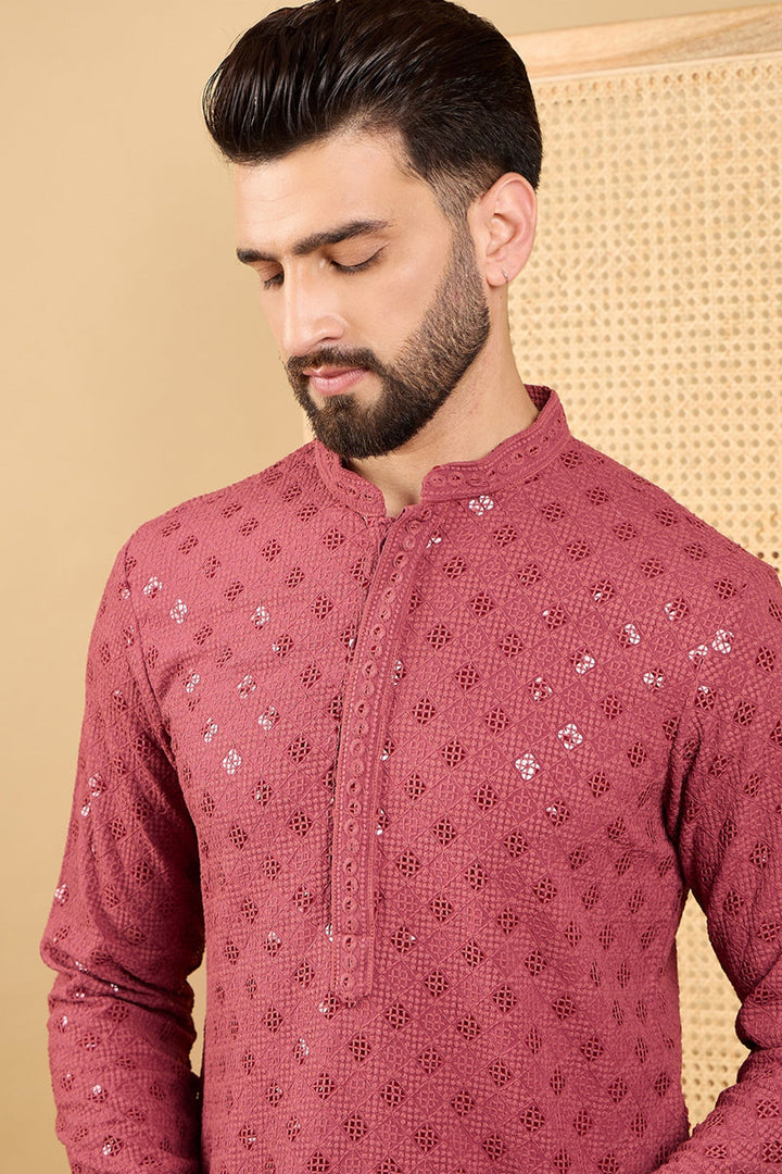 Mens Red Viscose Rayon Solid Embroidered Straight Kurta with Trouser
