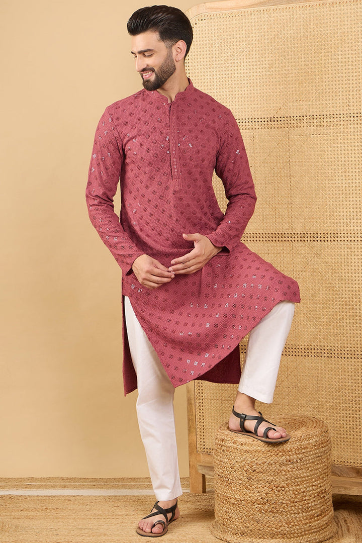 Mens Red Viscose Rayon Solid Embroidered Straight Chikankari Kurta