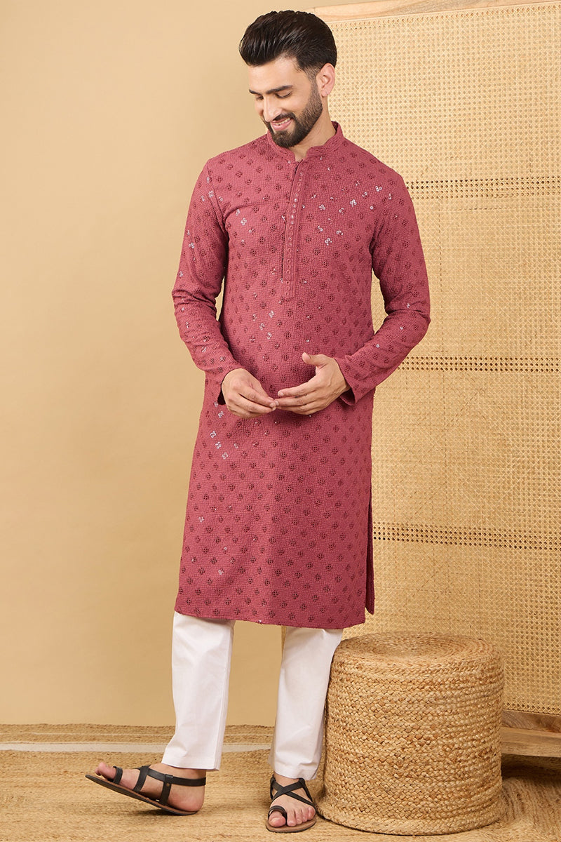 Mens Red Viscose Rayon Solid Embroidered Straight Kurta with Trouser