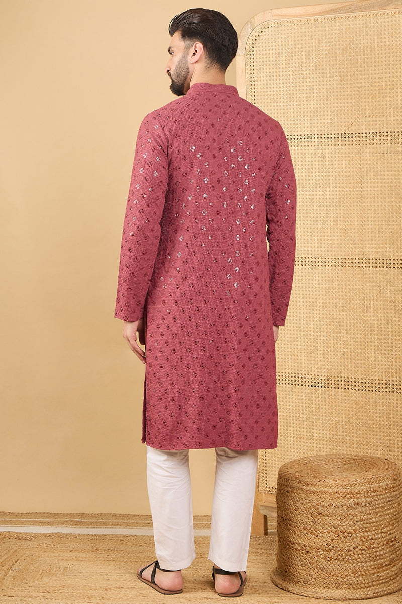Mens Red Viscose Rayon Solid Embroidered Straight Chikankari Kurta