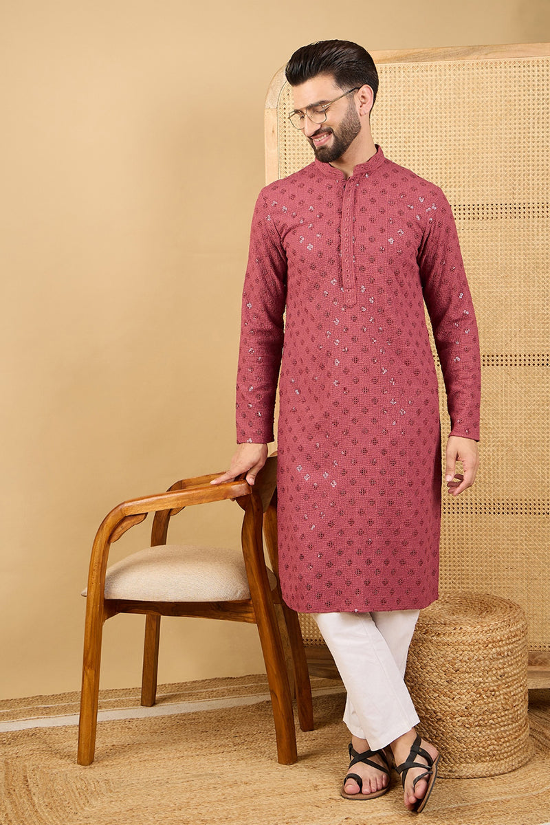 Mens Red Viscose Rayon Solid Embroidered Straight Chikankari Kurta