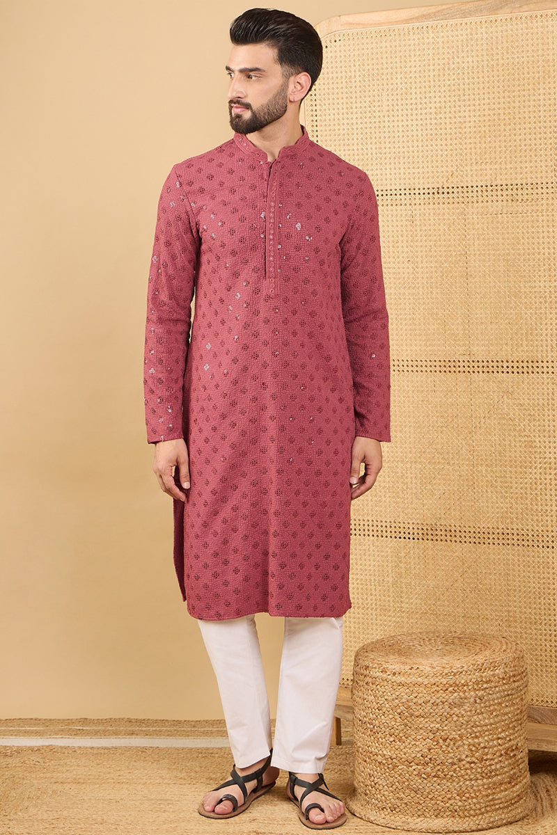 Mens Red Viscose Rayon Solid Embroidered Straight Kurta with Trouser