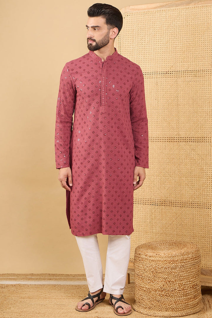 Mens Red Viscose Rayon Solid Embroidered Straight Kurta with Trouser