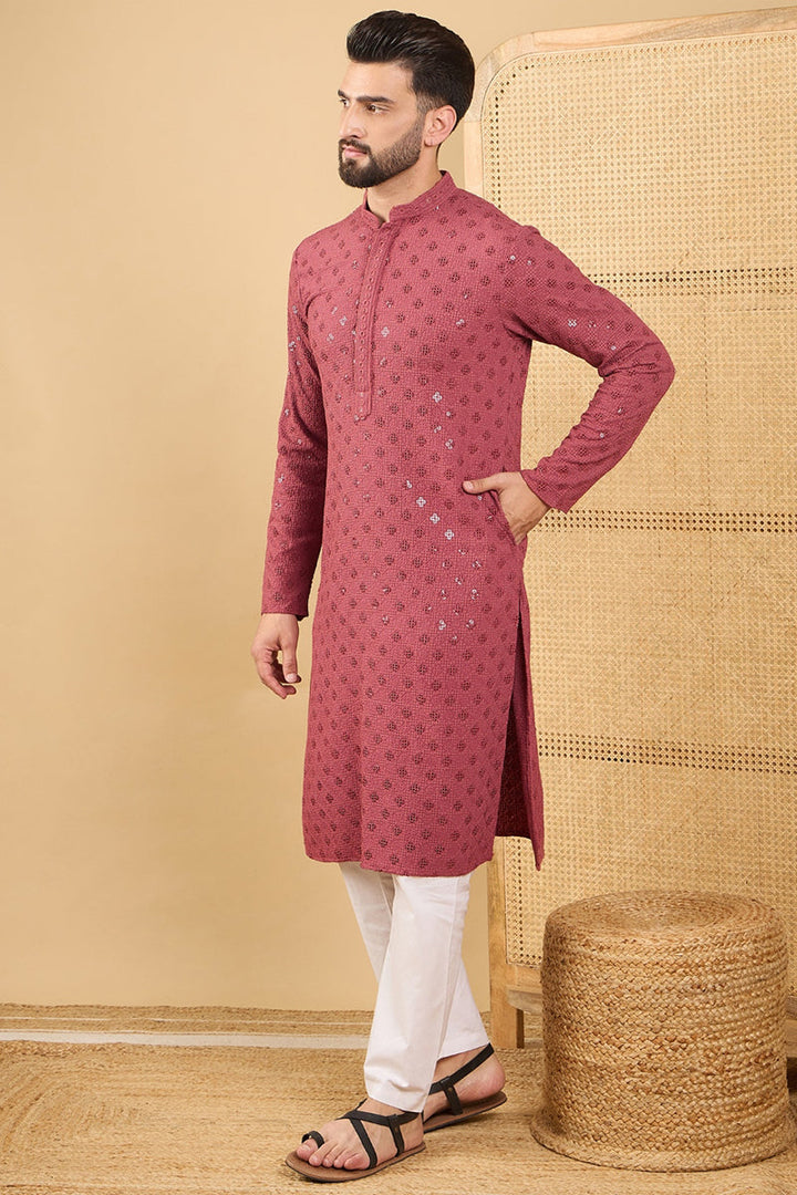 Mens Red Viscose Rayon Solid Embroidered Straight Chikankari Kurta