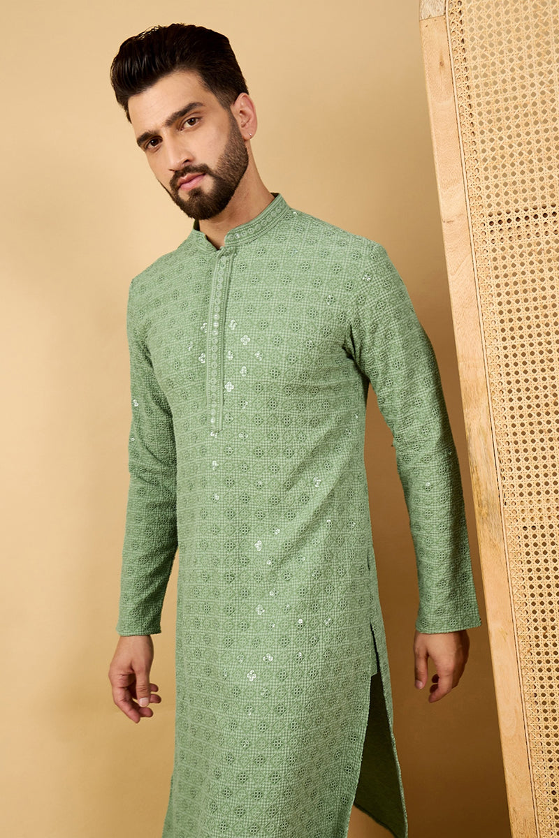 Mens Green Viscose Rayon Solid Embroidered Straight Chikankari Kurta