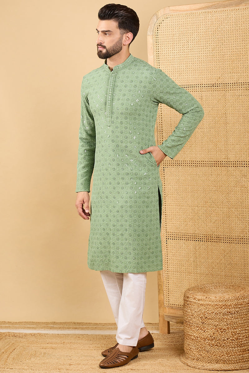 Mens Green Viscose Rayon Solid Embroidered Straight Chikankari Kurta