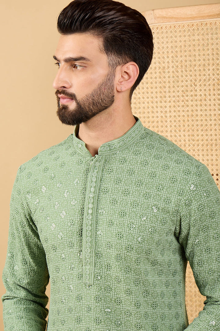 Mens Green Viscose Rayon Solid Embroidered Straight Chikankari Kurta