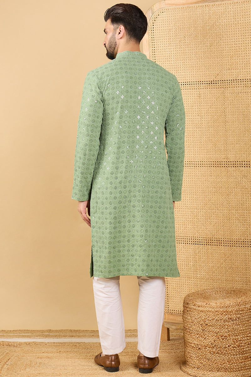 Mens Green Viscose Rayon Solid Embroidered Straight Chikankari Kurta