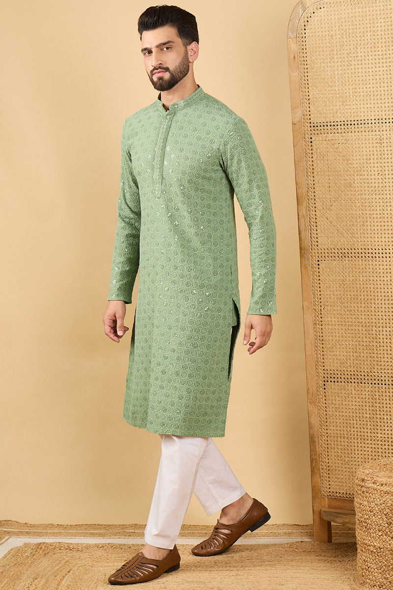 Mens Green Viscose Rayon Solid Embroidered Straight Chikankari Kurta