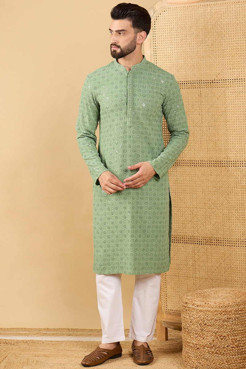 Mens Green Viscose Rayon Solid Embroidered Straight Chikankari Kurta