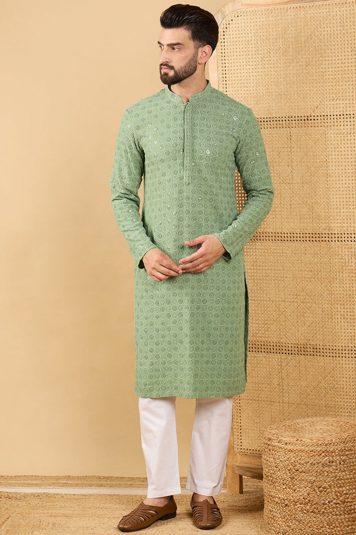 Mens Green Viscose Rayon Solid Embroidered Straight Chikankari Kurta