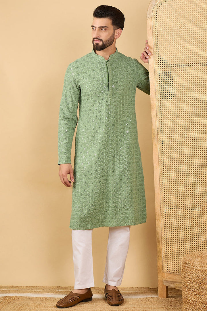 Mens Green Viscose Rayon Solid Embroidered Straight Chikankari Kurta