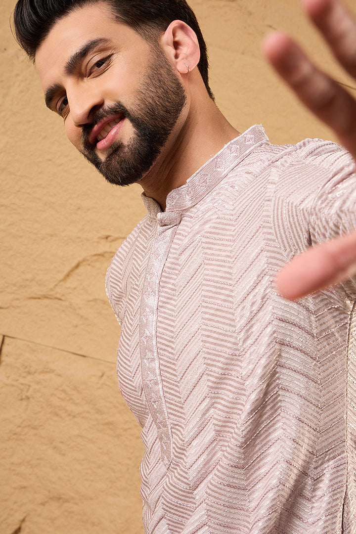 Mens Lavender Viscose Rayon Chevron Embroidered Straight Kurta