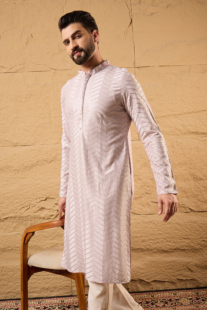 Mens Lavender Viscose Rayon Chevron Embroidered Straight Kurta