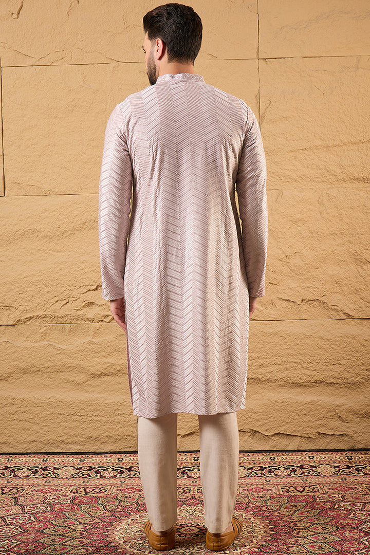 Mens Lavender Viscose Rayon Chevron Embroidered Straight Kurta