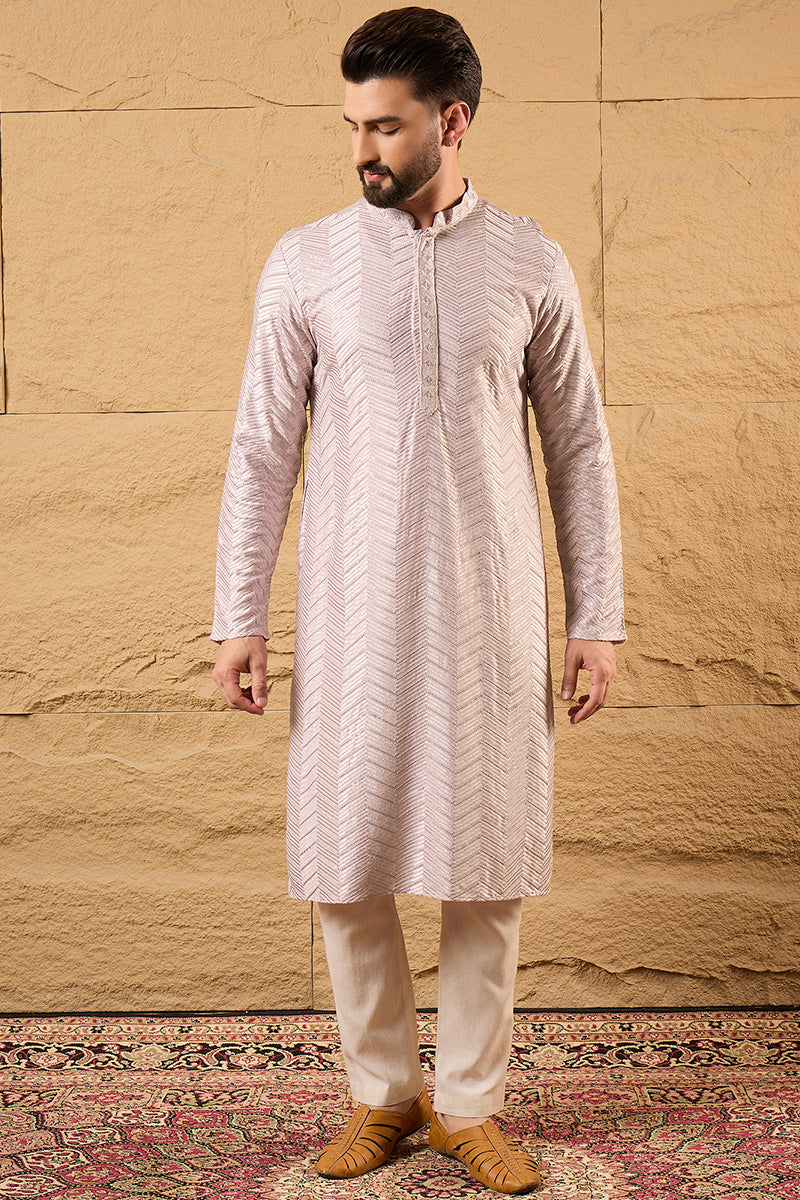 Mens Lavender Viscose Rayon Chevron Embroidered Straight Kurta