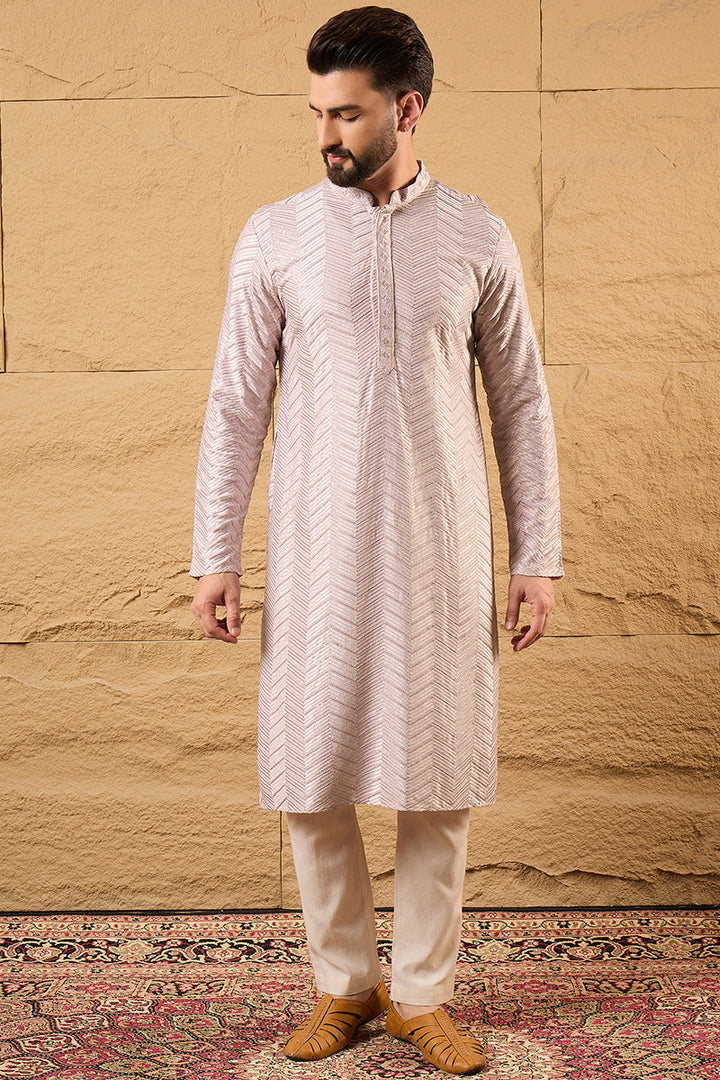 Mens Lavender Viscose Rayon Chevron Embroidered Straight Kurta